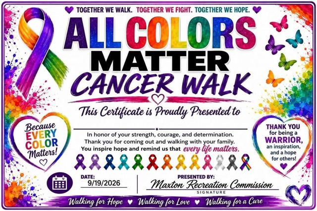 The certificate presented to every walker: All Colors Matter Cancer Walk, 19 September 2026