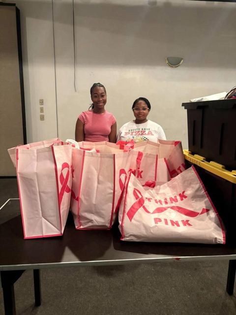 Pink gift bags ready for walkers