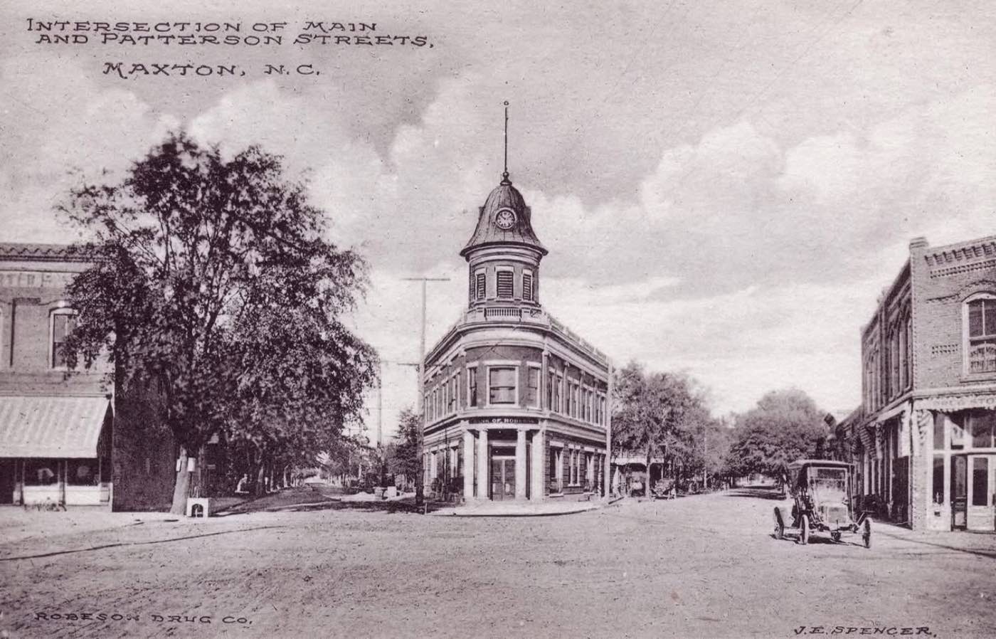 Postcard of Main and Patterson Streets showing the Bank of Robeson, early 1900s
